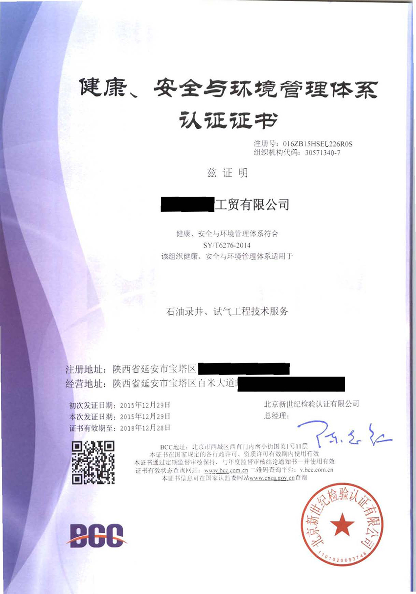 HSE石油行業(yè)健康、安全、環(huán)境管理體系證書(shū)